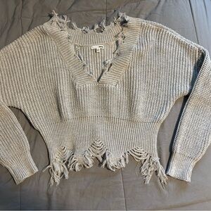 Fashion Nova Frayed V-Neck Sweater in Gray